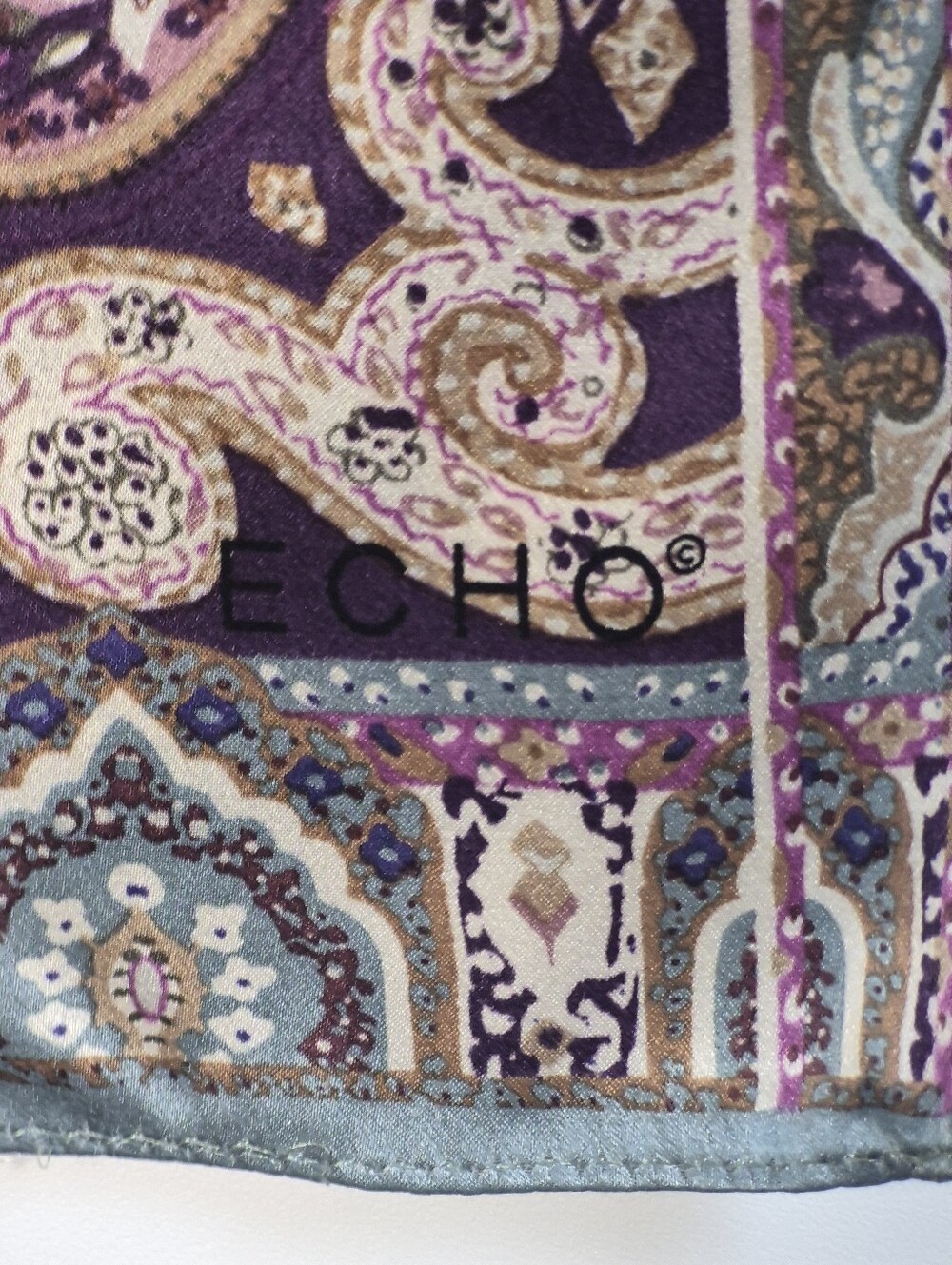 Vintage Echo New York Silk Paisley Oblong Scarf Long Purple Teal Boho Old Money